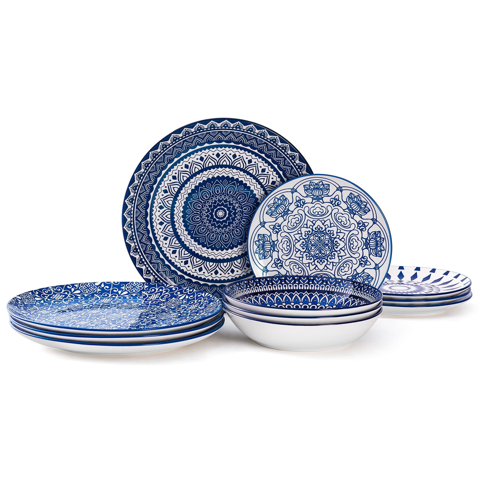Bestone Ceramic 12-Pieces Dinnerware Sets, Ceramic Dish Plates and Bowls Sets, Dishes Set for 4, Dinner Salad Dessert Plates, and Cereal Bowls Set, Gift,Vintage Blue