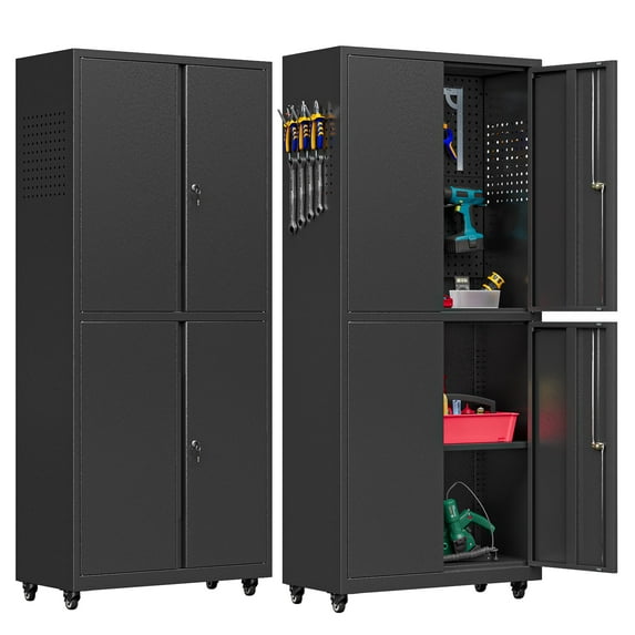 Bestoo Metal Storage Cabinet with Wheels, Steel Garage Storage Cabinet with Lock Door and Adjustable Shelves, Tall Tool Storage Cabinet for Home Office, Garage, Pantry (Black)