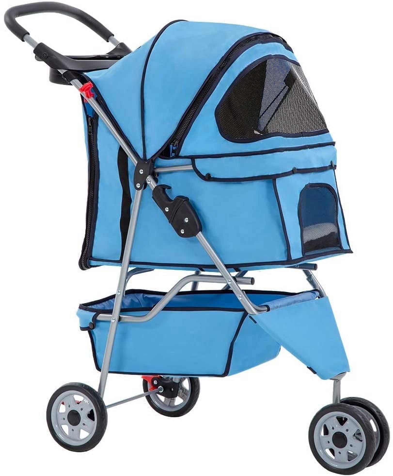 Blue 3-Wheel Folding Pet Stroller for Dogs