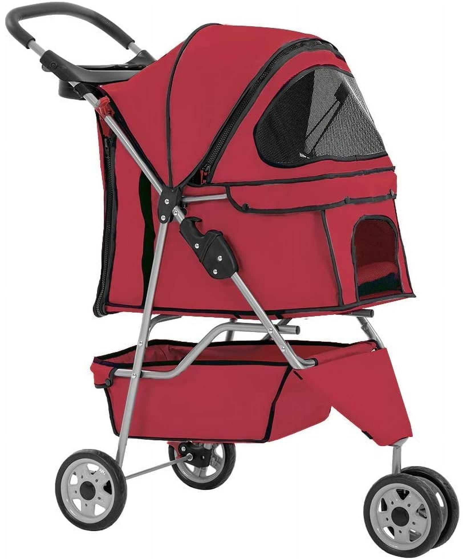 Red Folding Pet Stroller with Mesh Windows