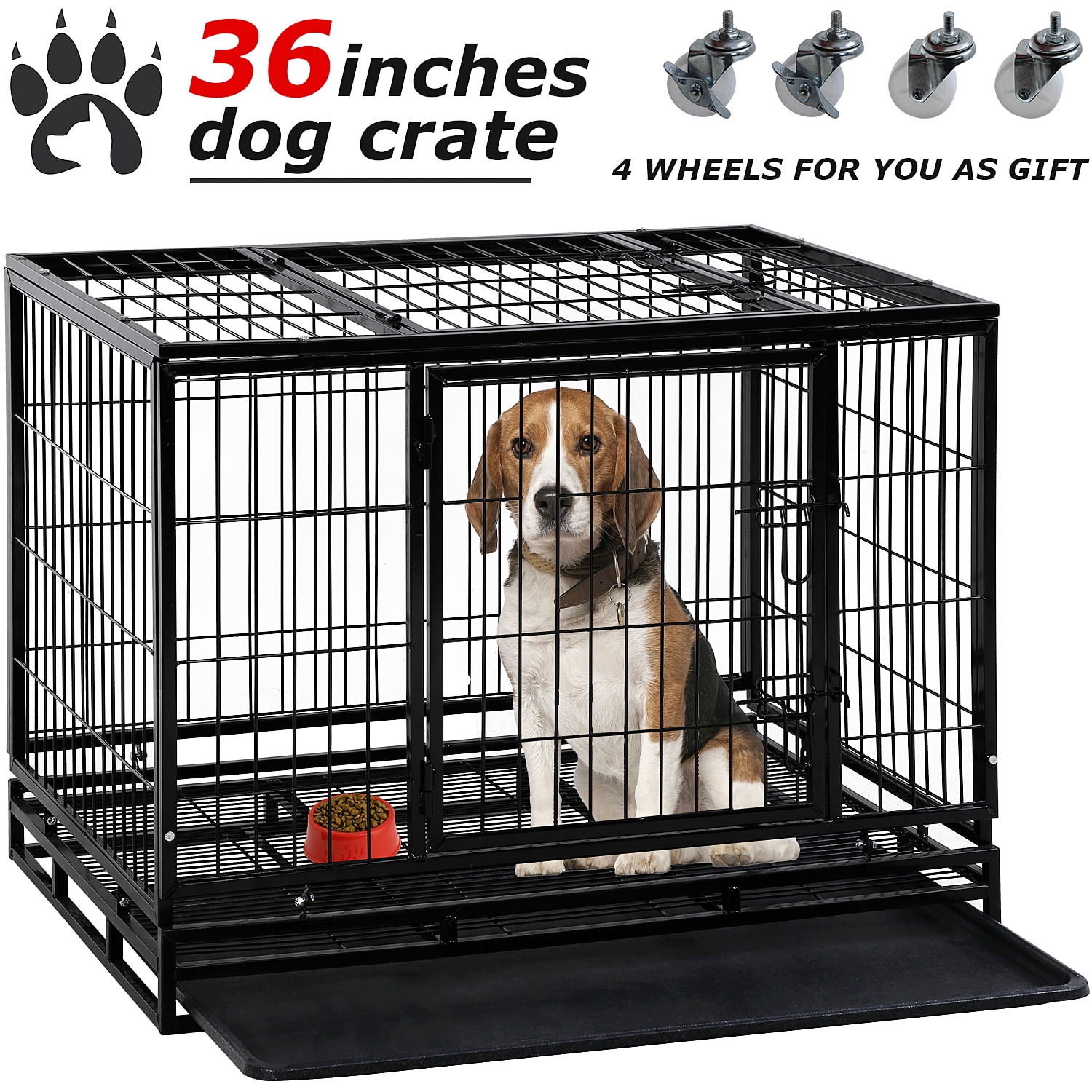 Large Black Rolling Heavy Duty Dog Crate with Double Doors