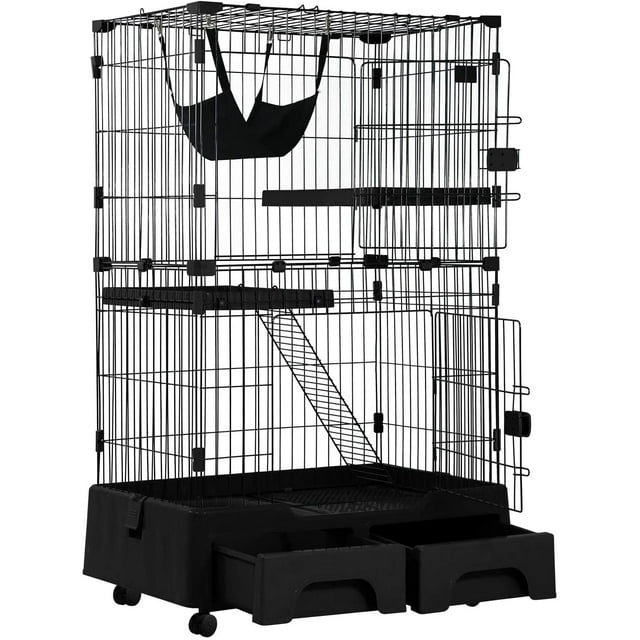 Bestpet Large Indoor Cat Crate with Enclosed Litter Box, Black Steel