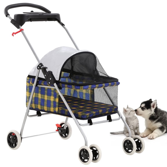 Bestpet Posh Pet Stroller for Cats&Dogs, Yellow Plaid, 4 Wheels