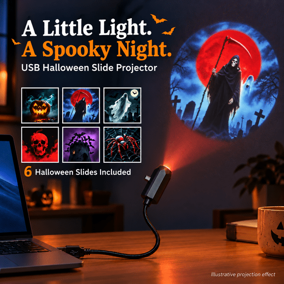 Halloween USB Projector Light with 6 Interchangeable Slides, Black