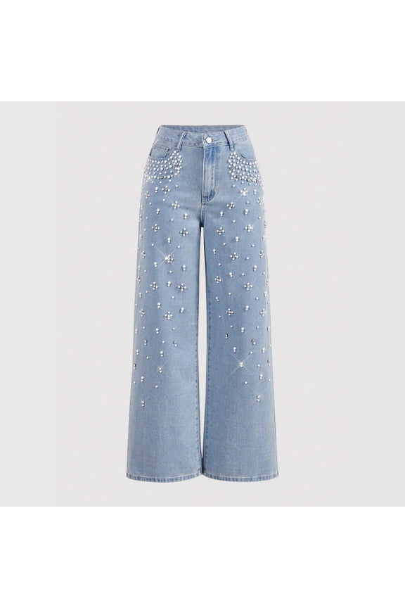 Bestseller Women's Loose Fit Jeans - Slimming Straight Leg Denim Pants with Beaded Details, Comfortable & Casual
