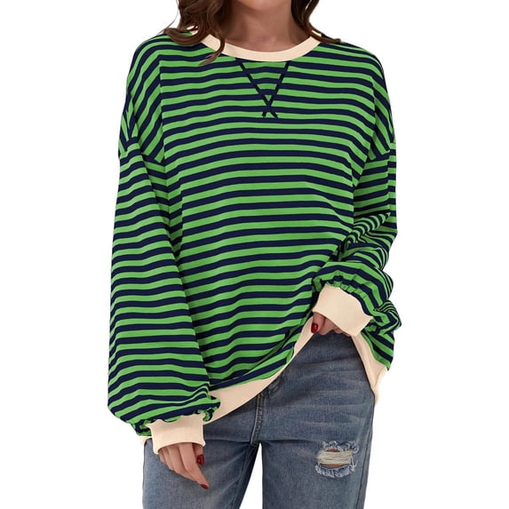 Bestseller Women's Oversized Casual Striped Comfortable Lounge Wear Lantern Sleeve Thick Sweatshirt Pullover
