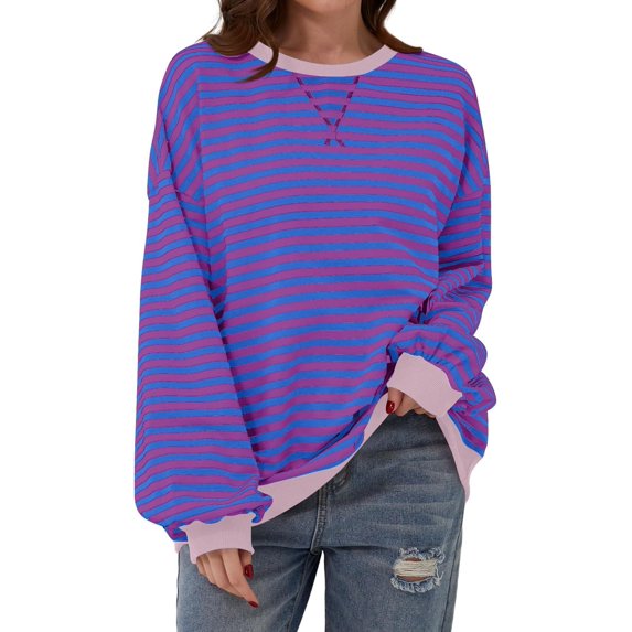 Bestseller Women's Oversized Casual Striped Comfortable Lounge Wear Lantern Sleeve Thick Sweatshirt Pullover