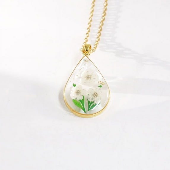 December Birth Flower Teardrop Necklace - Real Flower Resin Jewelry, Eternal Dried Blossom Pendant