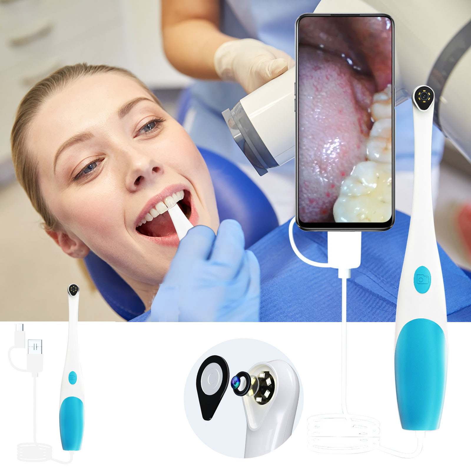 Bestselling, HD USB Oral Camera with LED, Used for Oral Inspection, Endoscope with Android Interface, 3 in 1 for Android and MacBook, Portable and Compact Up to 60% OFF | Plastic, Blue