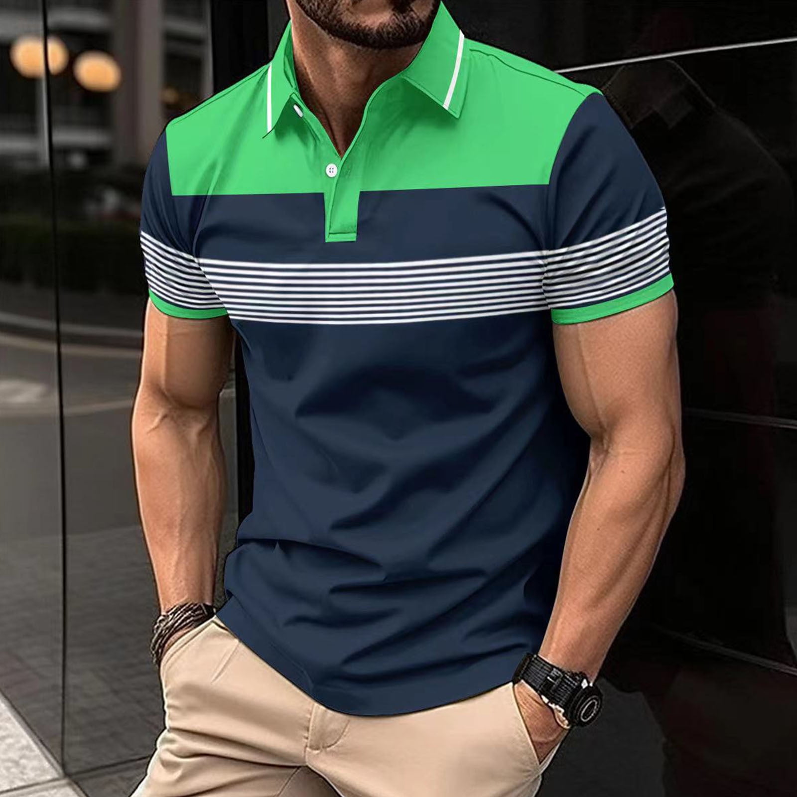 Men's Striped Knit Collar T-Shirt - Casual Short Sleeve Tee, Structured Fit, Trendy Top