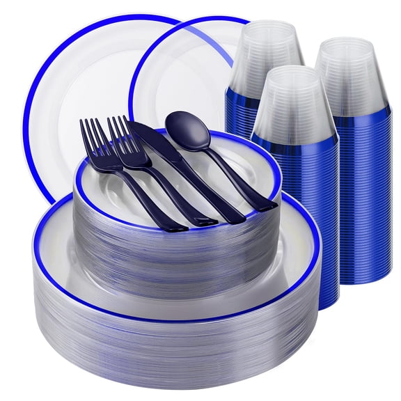 Beststar 350PCS Blue and Clear Plastic Dinnerware Sets for 50 Guests, Include 100 Blue Disposable Plates, 100 Forks, 50 Knives, 50 Spoons, 50 Cups,christmas party supplies Y101