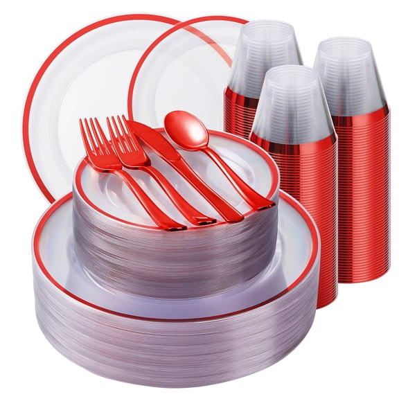 Beststar 350PCS Red and Clear Plastic Dinnerware Sets for 50 Guests, Include 100 Red Disposable Party Plates, 100 Forks, 50 Knives, 50 Spoons, 50 Cups,christmas party supplies Y102