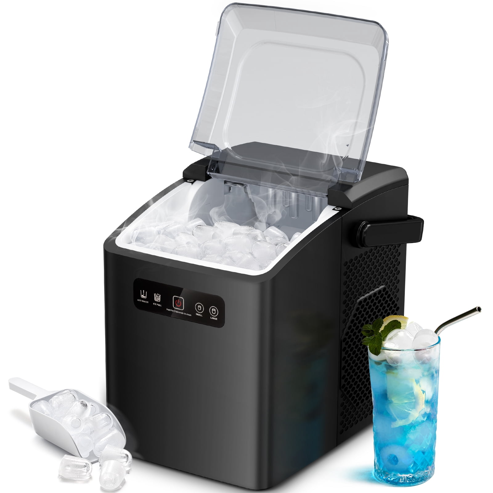 Moifoi Countertop Ice Maker, Portable Ice Make Machine with Handle, 26lbs/24H, 8 Bullet Ice Cubes/9 Mins, S/L 2 Size Ice Cube, Self-Cleaning, Black