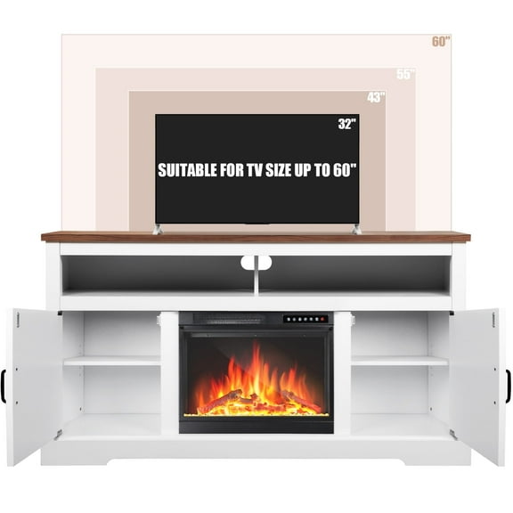 Moifoi TV Stand Fireplace for TVs up to 60", TV Stand w/ 23" Indoor Electric Fireplace & Wooden Storage Cabinet, Adjustable LED Flame, Pearl Whit