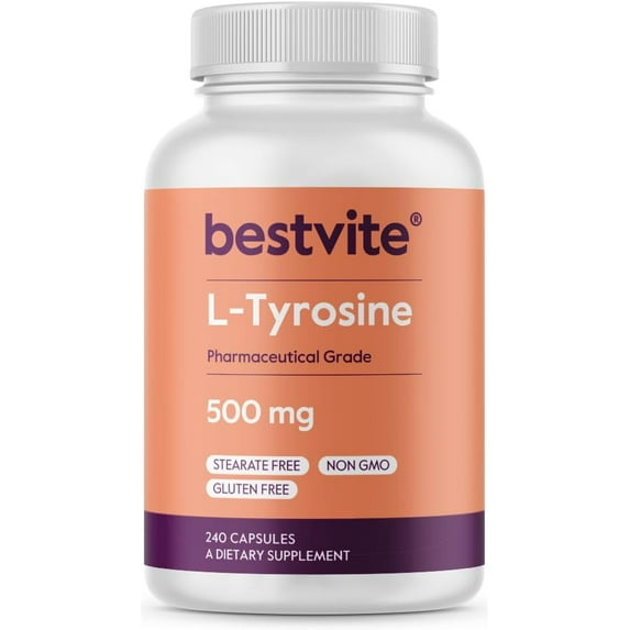 Bestvite L-Tyrosine 500mg (240 Capsules) - No Stearates - Non GMO - Gluten Free