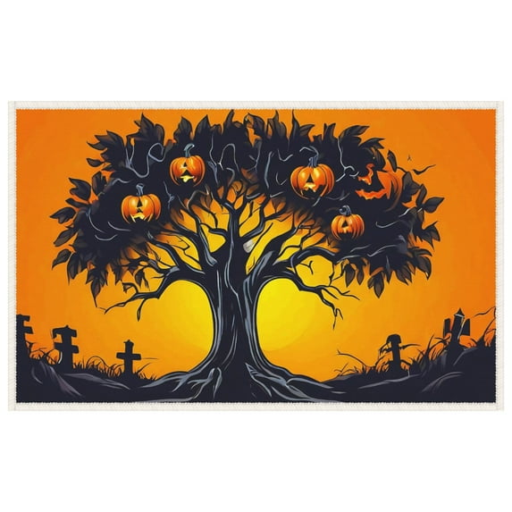 Halloween Vintage Door Mats Outdoor Entrance - Pumpkins Halloween Tree Cemetery Background Anti-slip Door Mats Indoor 19.7"x31.5" Moon Practical Front Door Mats