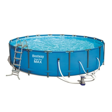 Bestway Steel Pro MAX 18 Foot x 48 Inch Round Metal Frame Above Ground Outdoor Swimming Pool Set with 1,000 Filter Pump, Ladder, and Cover