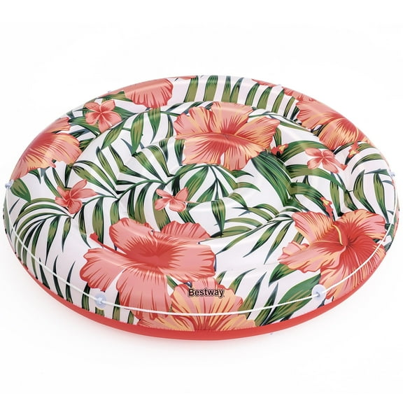Bestway: H2OGO! 62 Peaceful Palms - Inflatable Pool Float, Round Island Water Lounger, Tropical Flower Graphics, Wraparound Rope, 198lb Cap Adults
