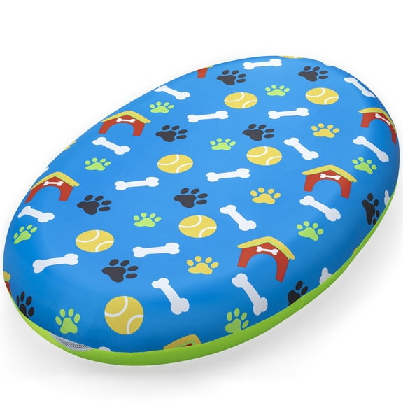 H2OGO! Fetchin' Fun Pet Pool Float - Green-Blue, 56 x 37" Inflatable Dog Lounger, Bones-Paw-Ball Pattern, Animal Water Play, Removable Washable Cover