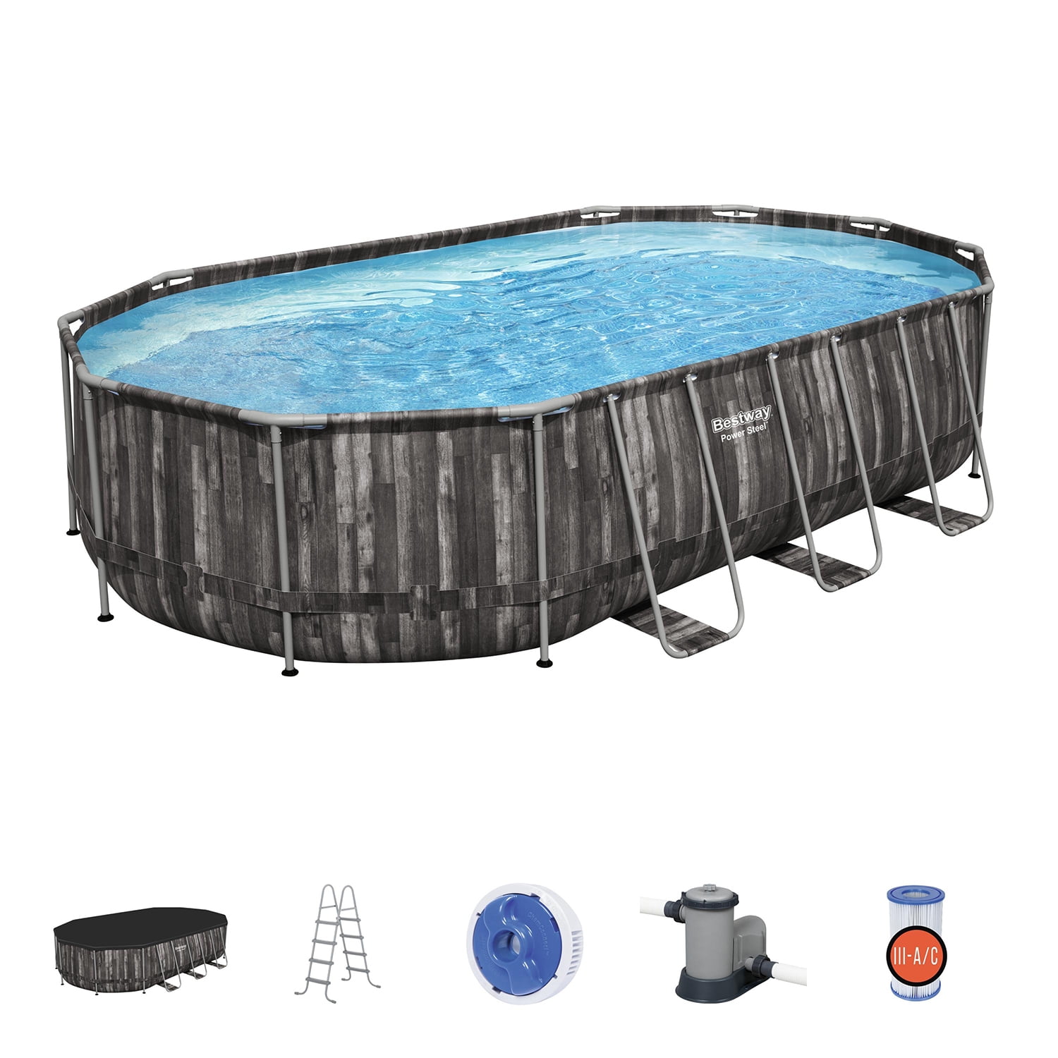 Gray Wood Print Oval Above Ground Pool Set with Filter and Pump