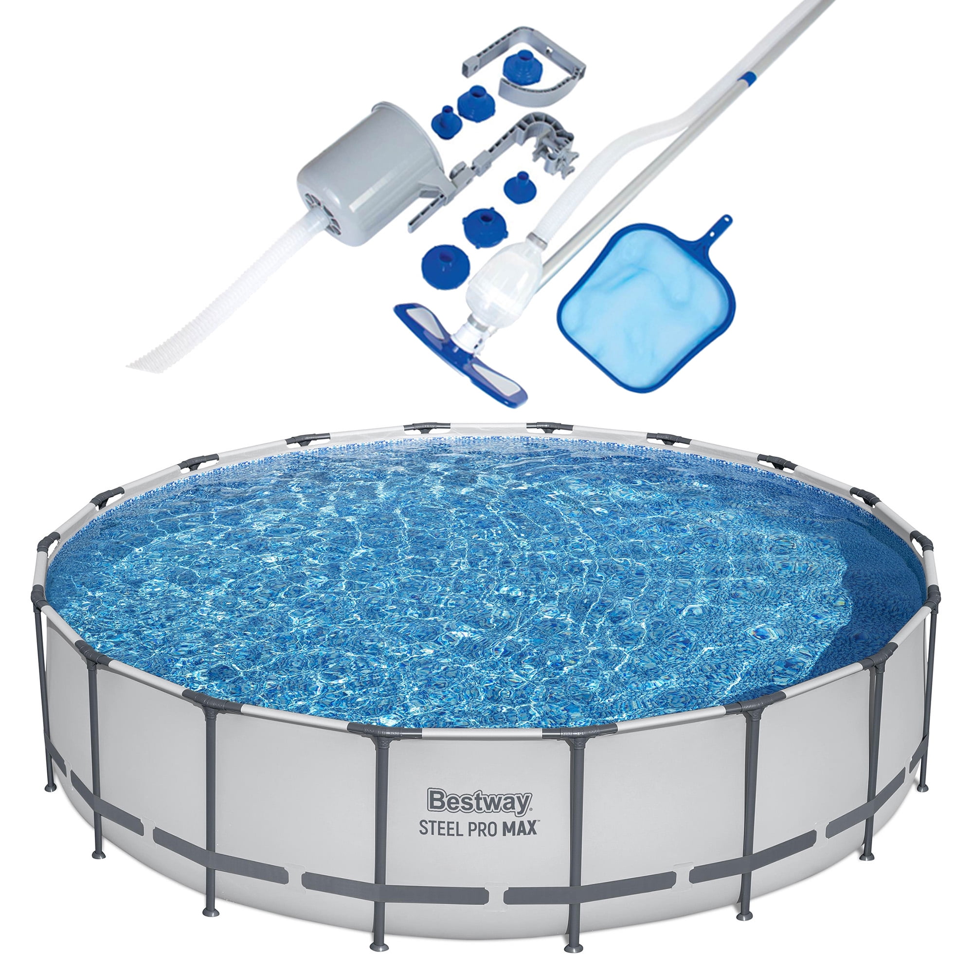 Bestway Round Steel Frame Above Ground Pool w/ Cleaning Tools, 18Ft x 48In