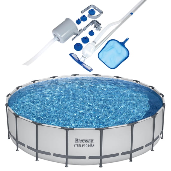 Bestway Round Steel Frame Above Ground Pool w/ Cleaning Tools, 18Ft x 48In