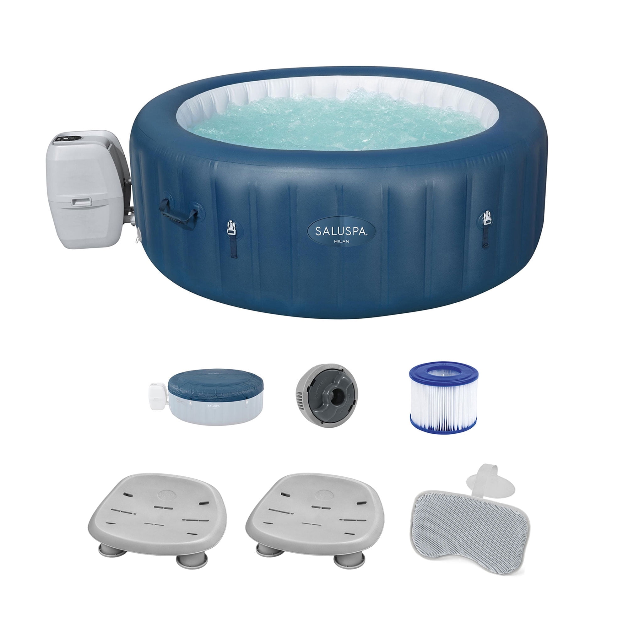 SaluSpa Milan 6-Person Blue Inflatable Round Hot Tub with Spa Seat and Pillow