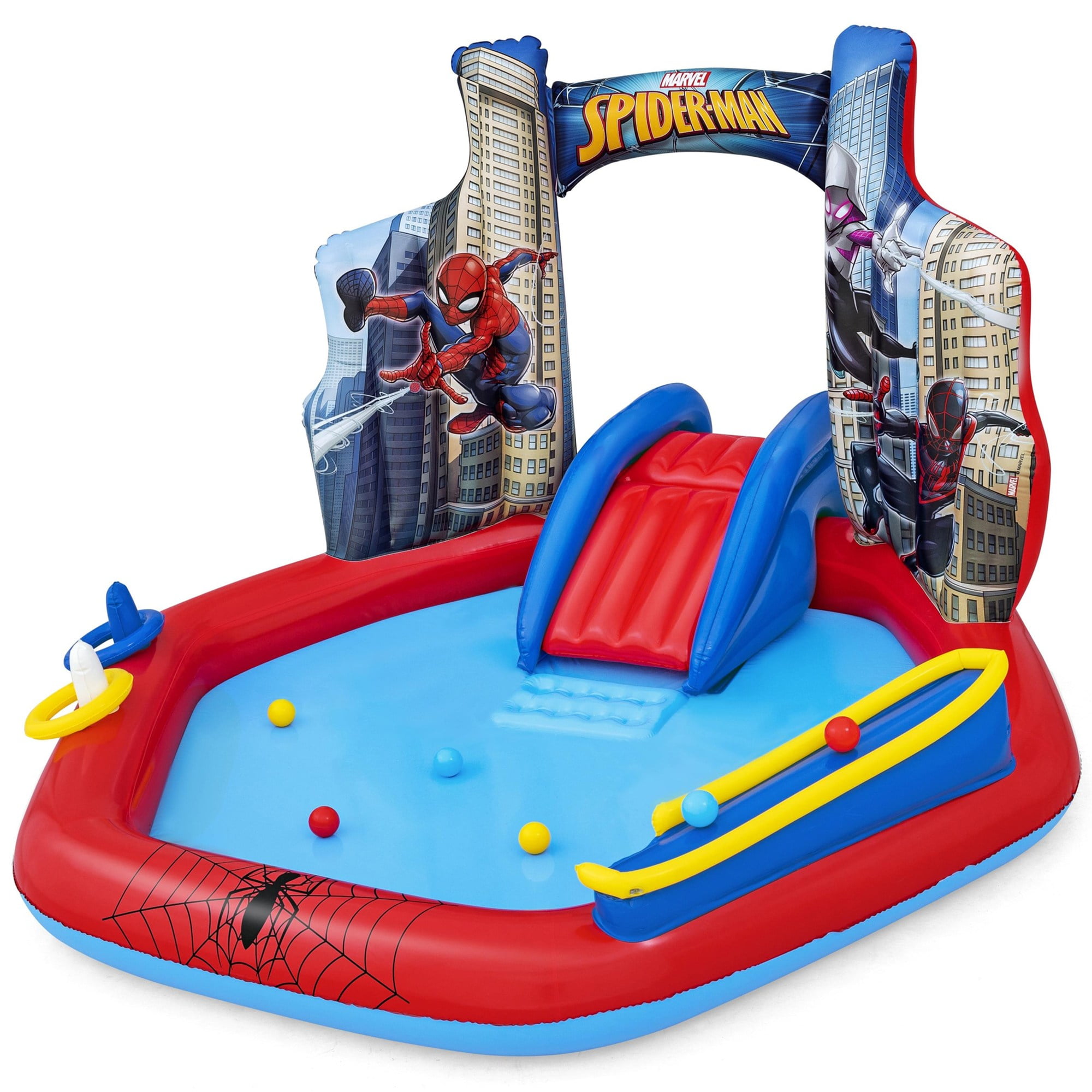 Bestway: Spider-Man Inflatable Water Play Center - 6'11"x6'9"x50", Splash Pool-Slide-Arch Sprayer, 6 Balls, Marvel Superhero Ring Toss, Toddler-Kid 2+