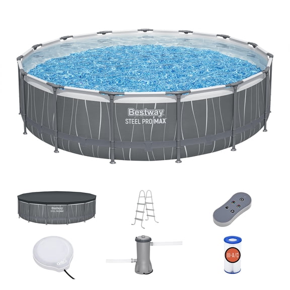 Bestway Steel Pro MAX 15'x48" Metal Frame Above Ground Pool Set w/Color-Changing LED Light