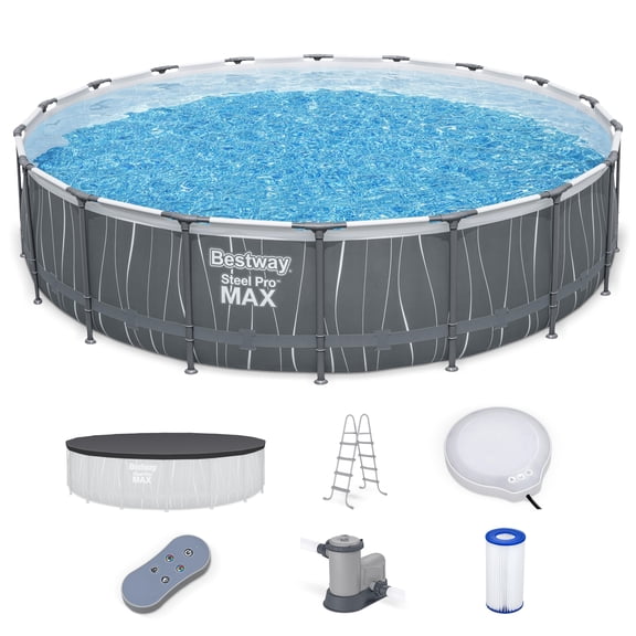 Bestway Steel Pro MAX 18' x 48" Metal Frame Above Ground Pool Set w/ Color-Changing LED Light