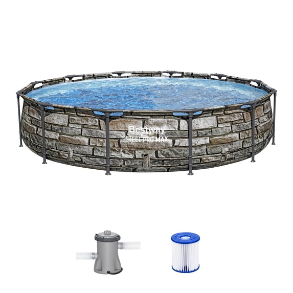 Bestway Steel Pro MAX 12'x30" Metal Frame Above Ground Pool, Filter Pump & Cartridge, Stone