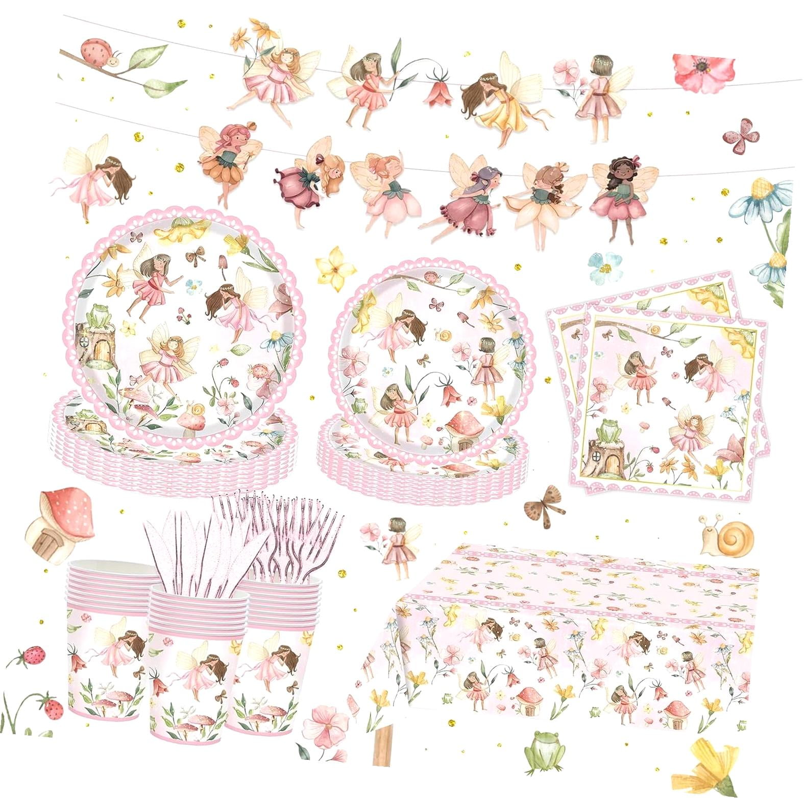 Bestwell 122PCS Fairy Party Supplies for Girls 1st 2nd First Birthday Fairies Enchanted Themed Shower Party Decorations Garden Tableware Paper Plates Napkins Forks Knife for 20 Guests
