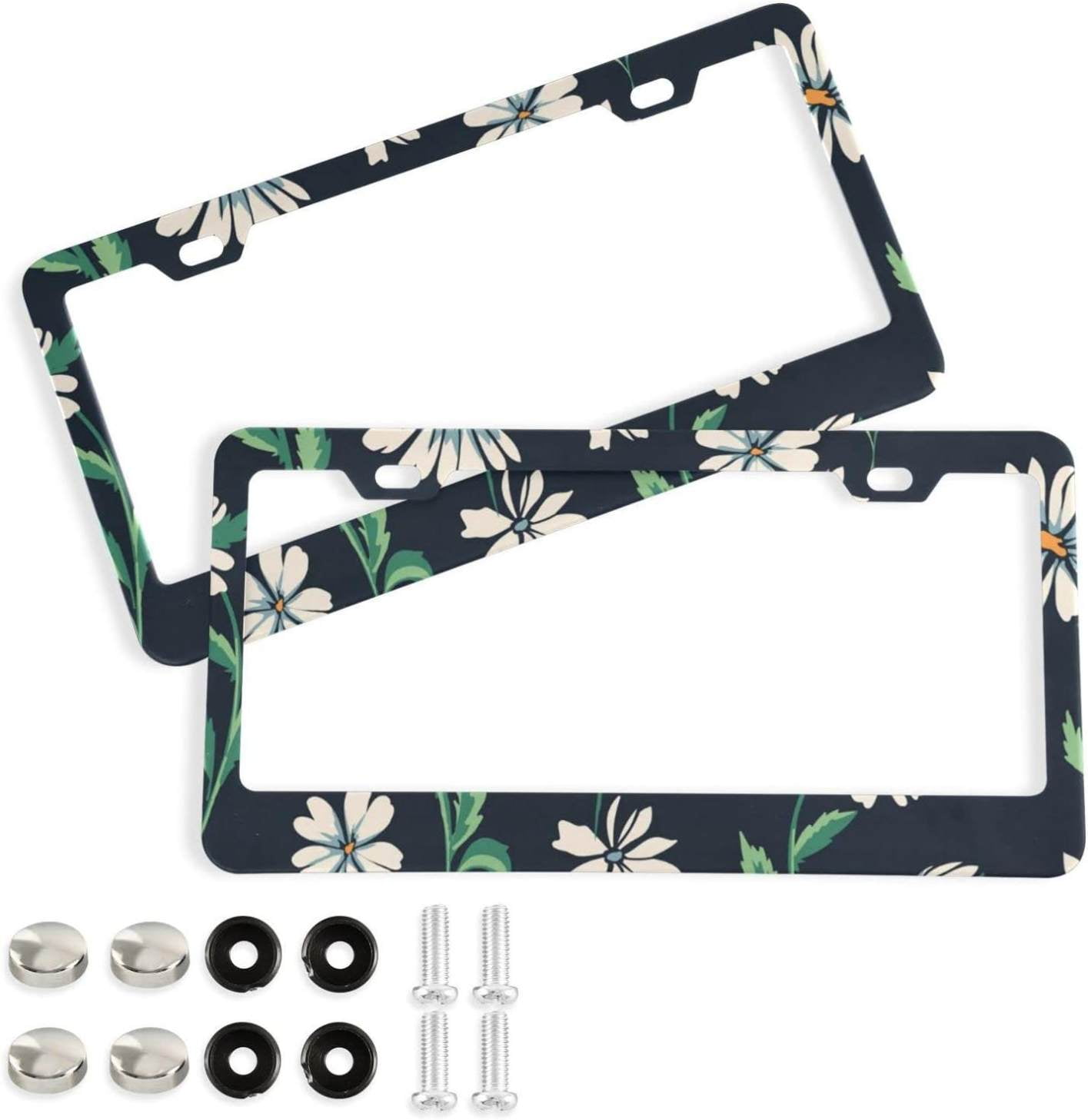 Bestwell 2 pack Daisy Flower License Plate Frames, Aluminum Universal Car License Plate Holder