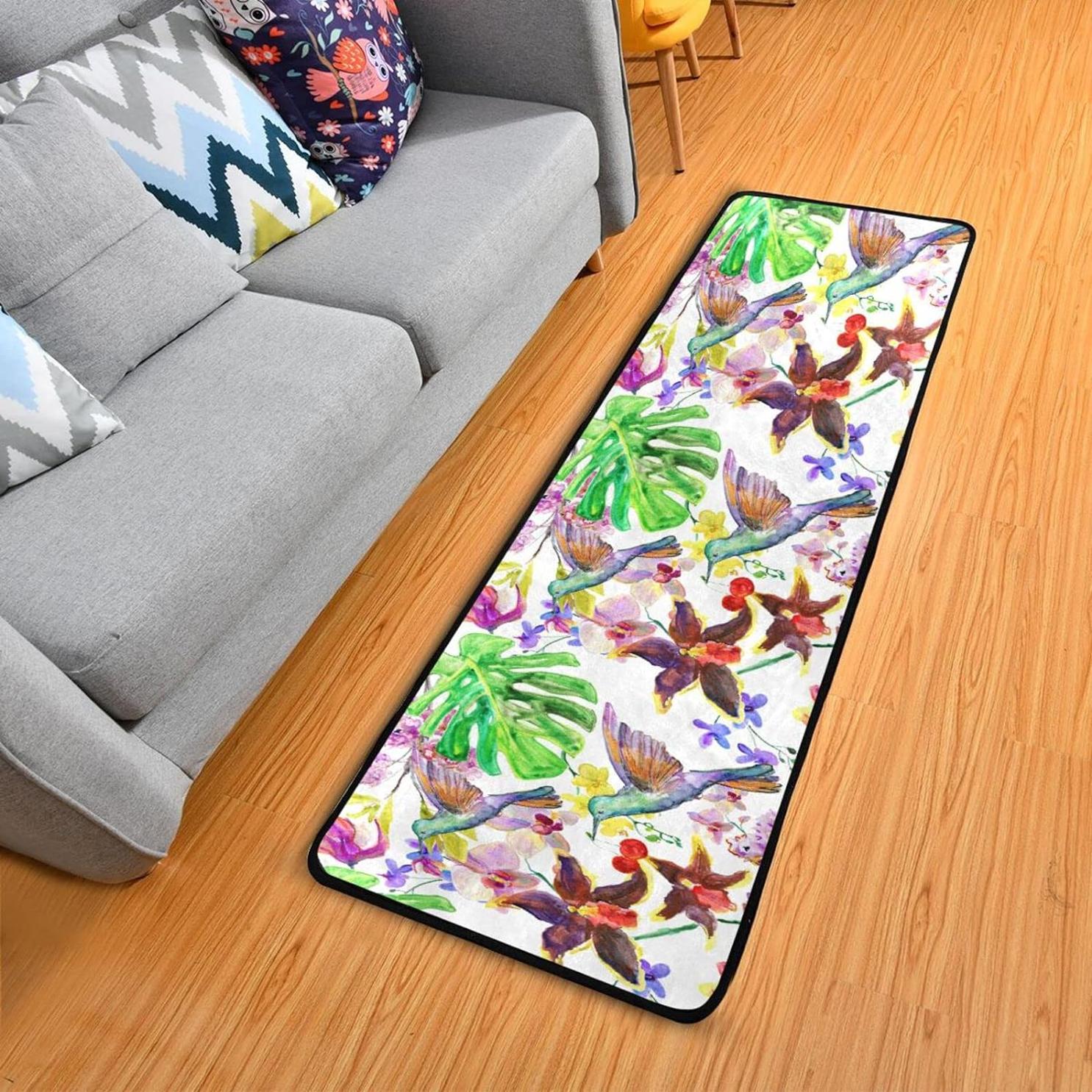 Bestwell 2'x6' Watercolor Hummingbirds Tropical Runner Rug with Rubber