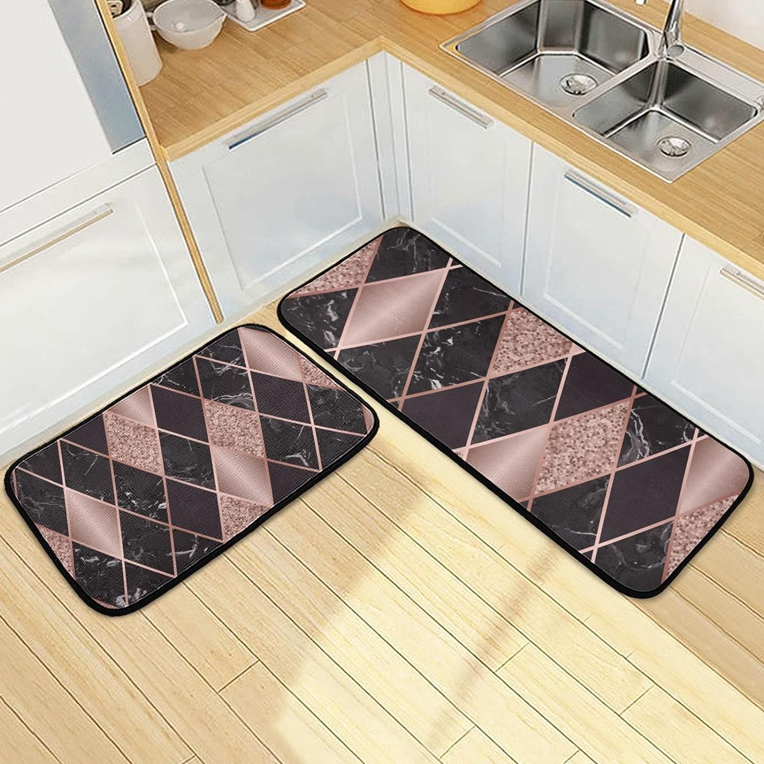 Bestwell 2PCS Pink Black Marbling Kitchen Rug and Mat, Gold Glitter