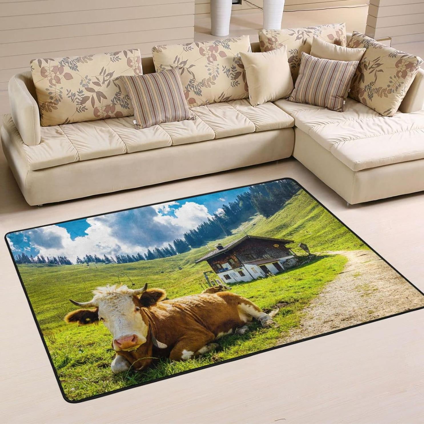 Bestwell 36"×24" Highland Cow Meadow NonSlip Area Rug, Cattle Animal