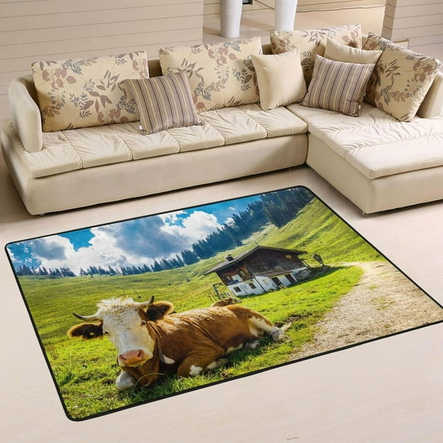 Bestwell 36"×24" Highland Cow Meadow NonSlip Area Rug, Cattle Animal