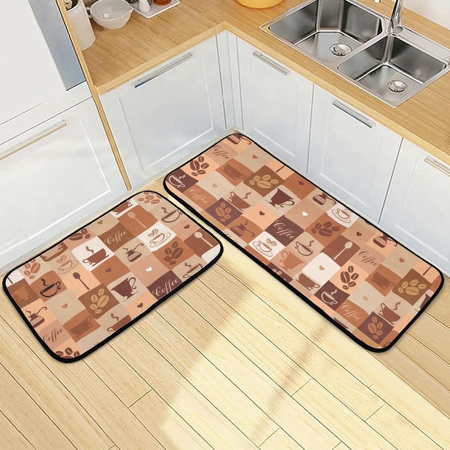 Bestwell Brown Coffee Cup Kitchen Rugs Set of 2, Cafe Tea Pattern Floor