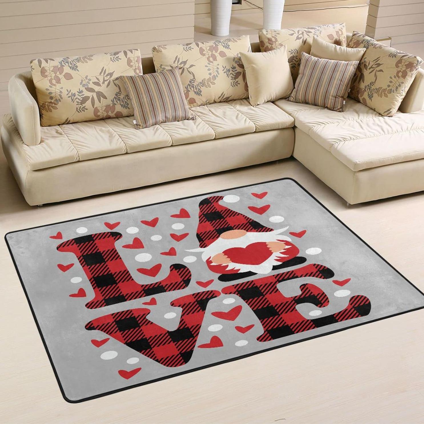 Bestwell Buffalo Plaid Love Gnome Area Rug, 36×24in, Valentine's Day