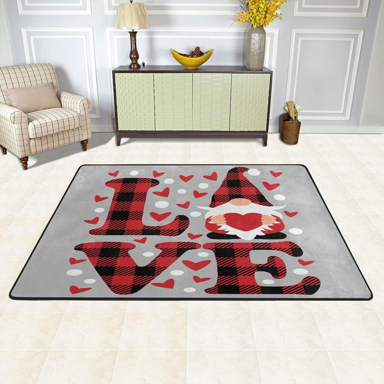 Bestwell Buffalo Plaid Love Gnome NonSlip Area Rug, Valentine's Day