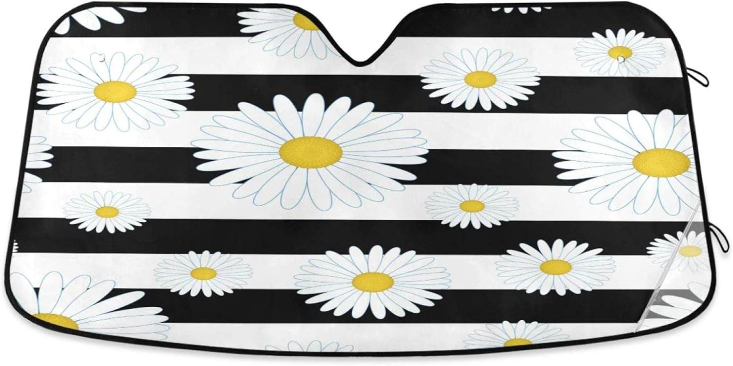 Bestwell Car Windshield Sun Shade,Black and White Striped Daisies