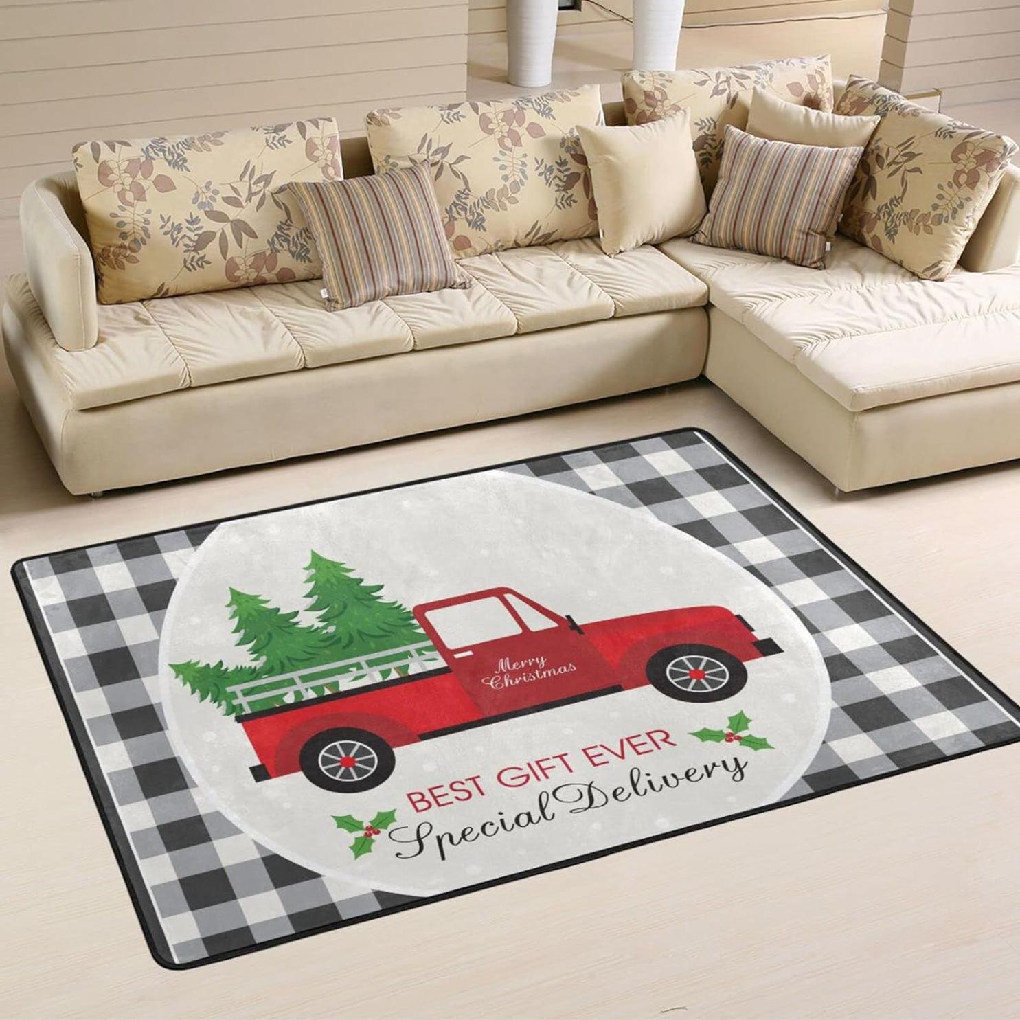 Bestwell Christmas Truck Tree NonSlip Area Rug, Black Buffalo Plaid