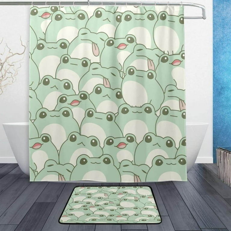 Bestwell Cute Frog Bath Curtain Rugs, Sets 2 Pcs,Bathroom Theme Set with Shower  Curtain and Non-Slip Carpet -12 Hooks-60X72in133 