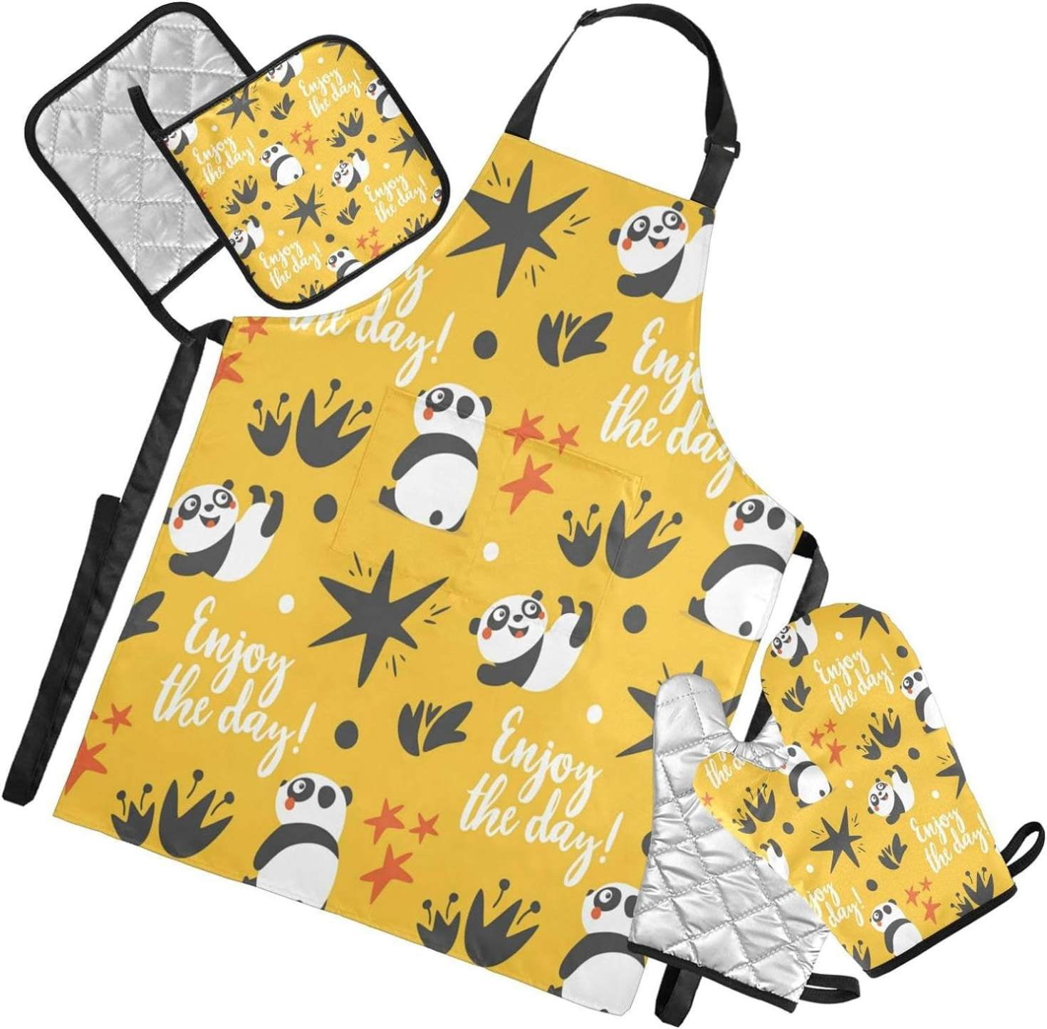 Bestwell Cute Panda Kitchen Apron Sets,1 Waterproof Apron with Pockets ...