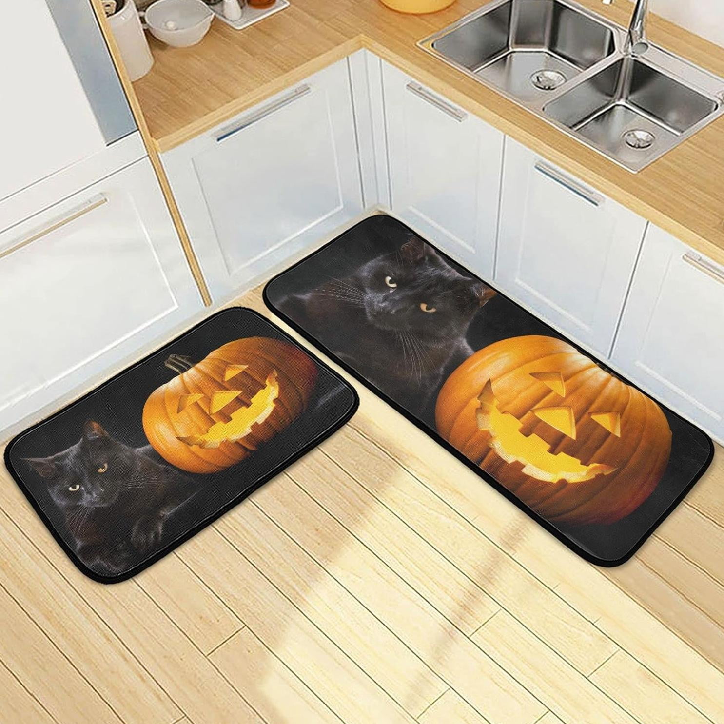 Bestwell Halloween Pumpkin Kitchen Rugs 2 Pieces, Black Cat Spooky Floor Mat Room Area Rug