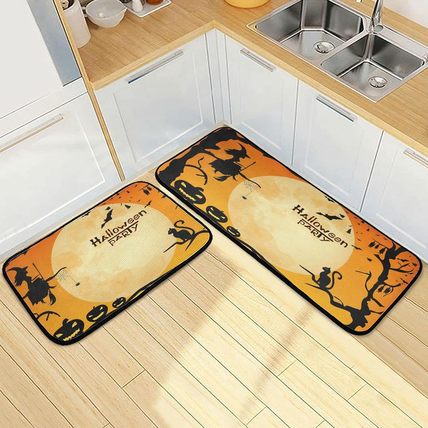 Bestwell Halloween Witch Pumpkins Bat Kitchen Rugs 2 Pieces, Spooky Full Moon Floor Mat Room
