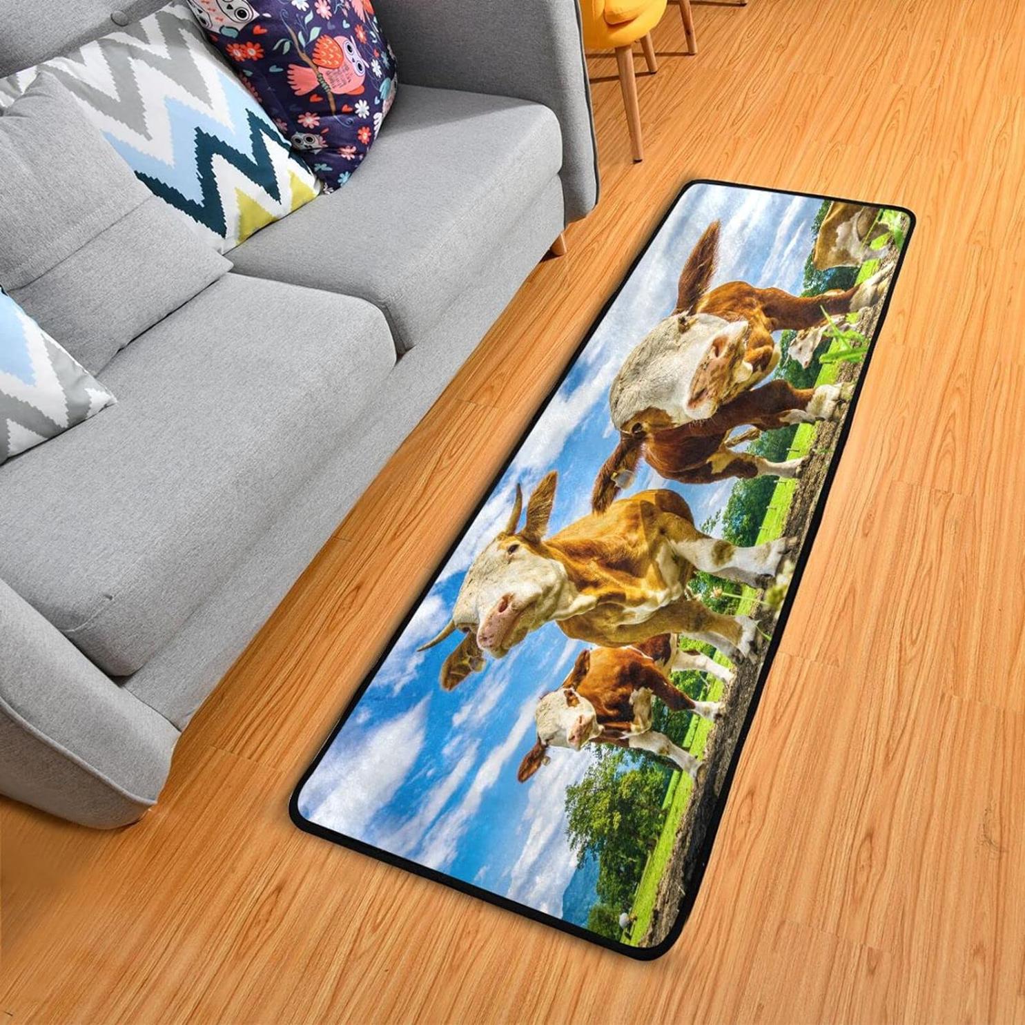 Bestwell Meadow Farm Cow Cattle Runner Rug with Rubber Backing,2x6 feet