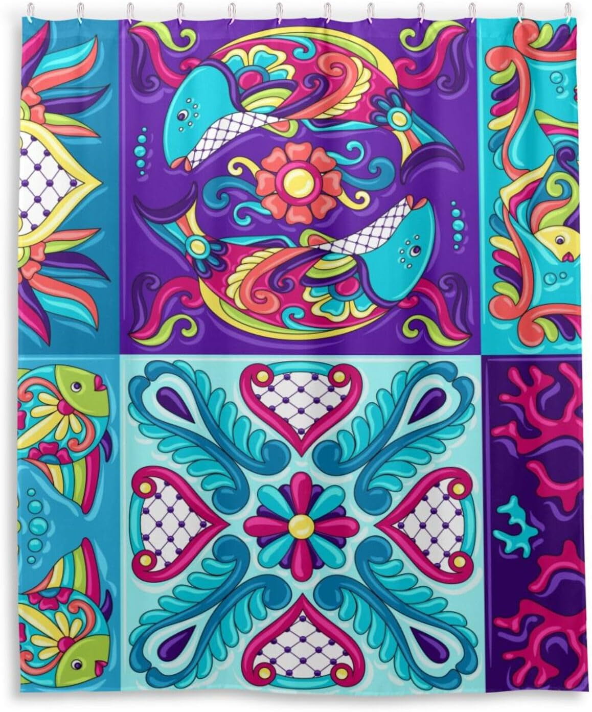 Bestwell Mexican Talavera Ceramic Blue Shower Curtain Bathroom Decor