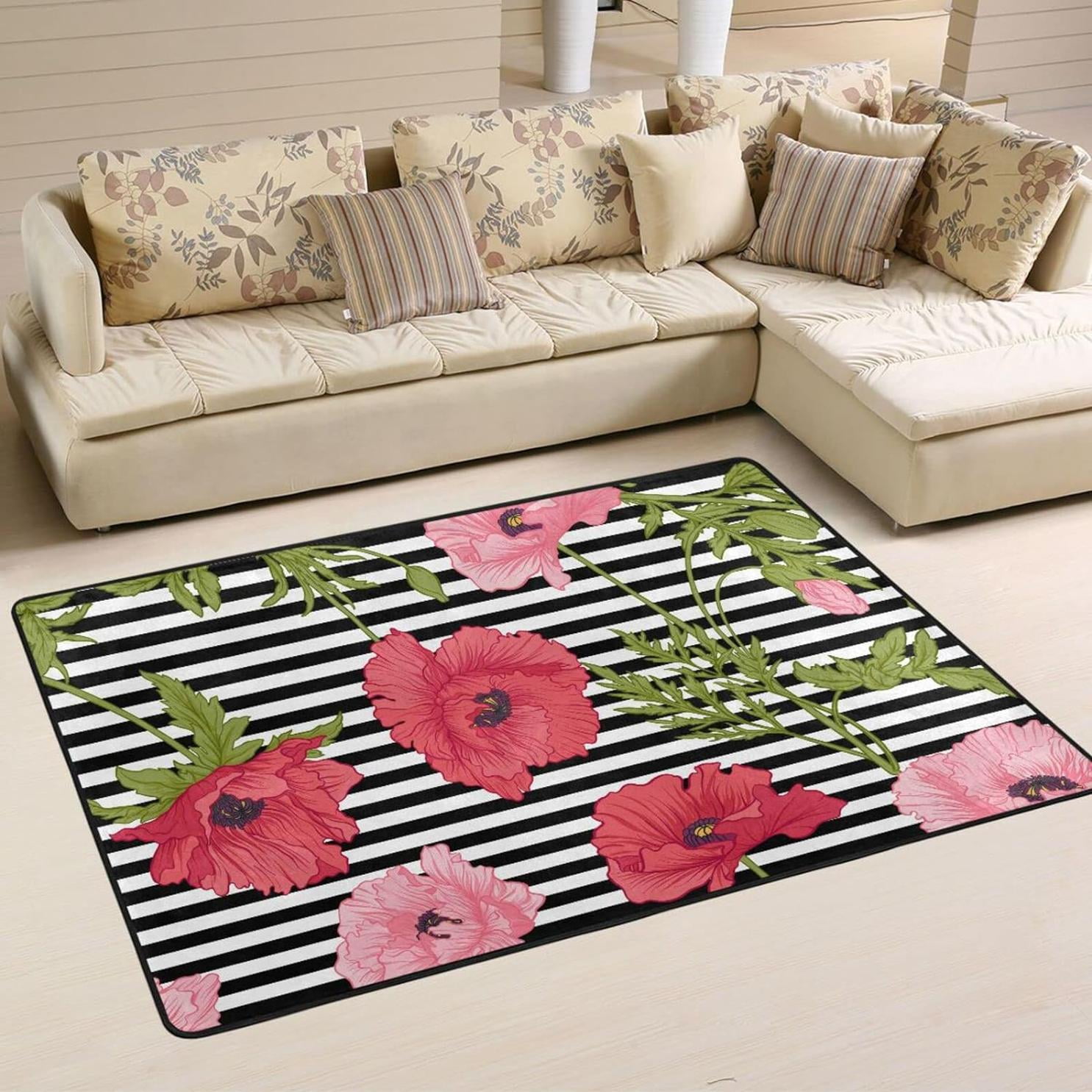 Bestwell Pink Red Poppy Area Rug, 36×24in, Black White Stripes NonSlip Floor Carpet, Comfort