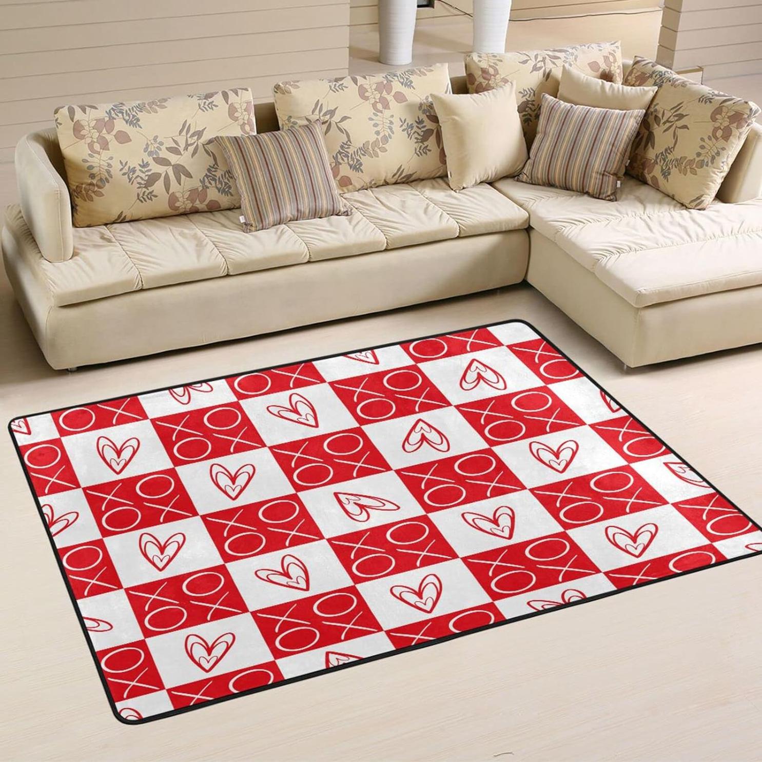 Bestwell Red and White Checkered Hearts NonSlip Area Rug, Valentines XOXO Floor Carpet, Comfort